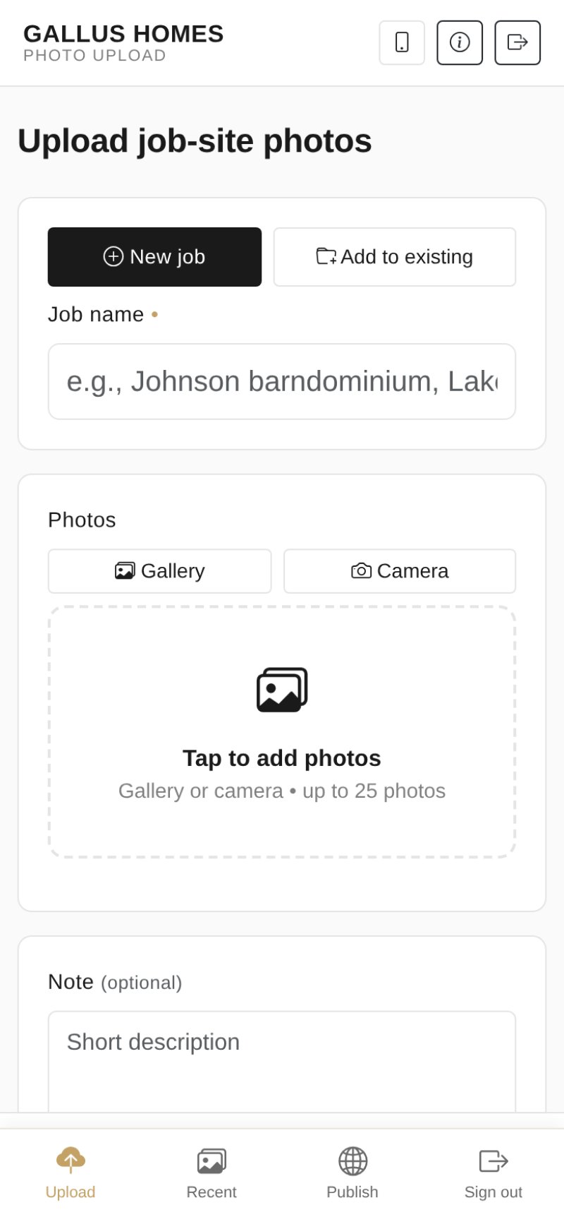 Upload form with camera and gallery options