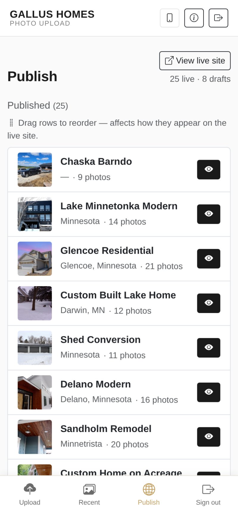 Publish admin showing live and draft project lists